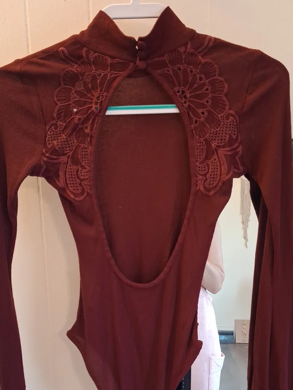Free People Burgundy Cutout Back Long-Sleeve Embroided Bodysuit